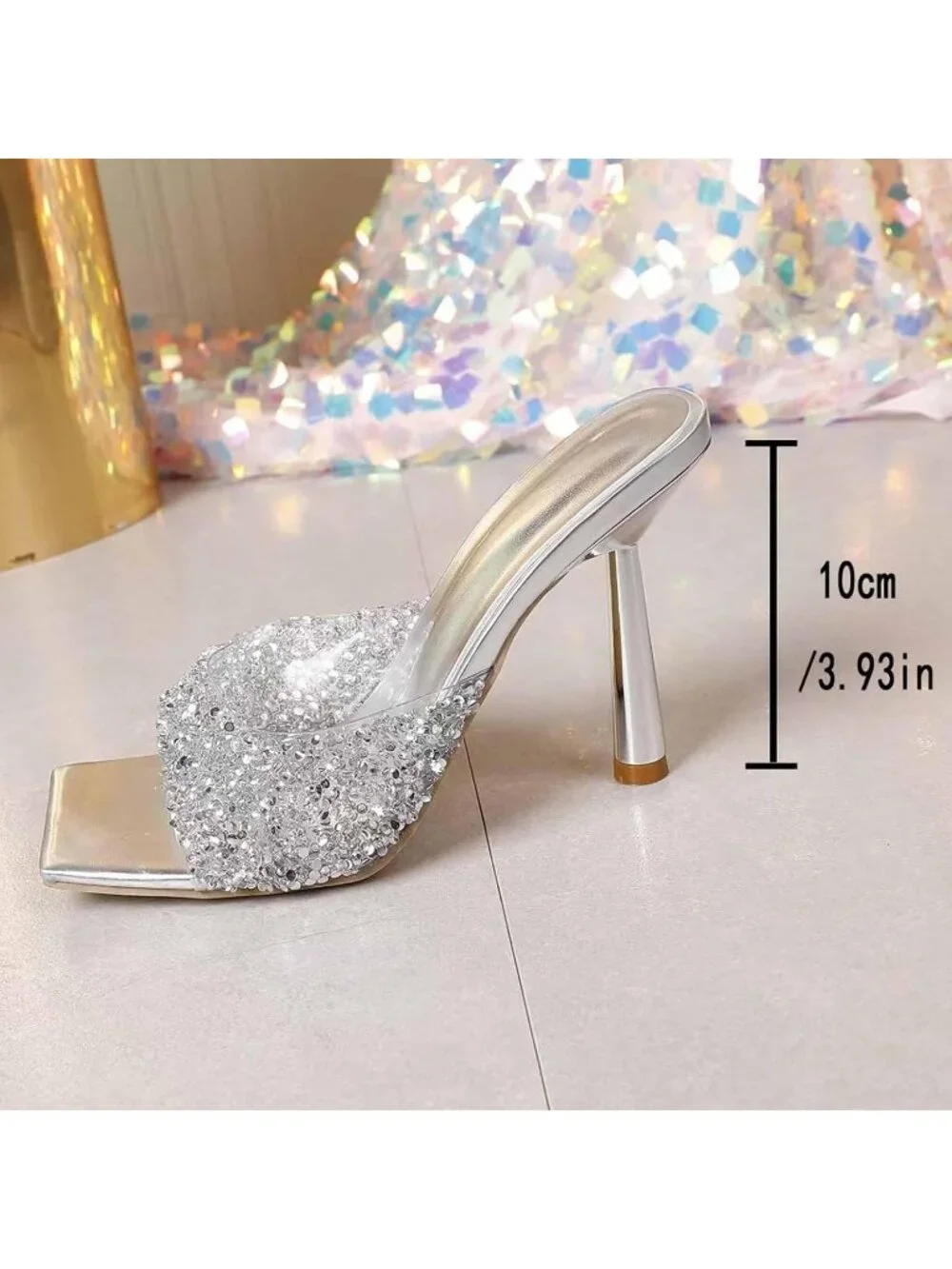 Women's Sliver Wide Strap Shiny Rhinestones Stiletto Sandals Square Open Toe